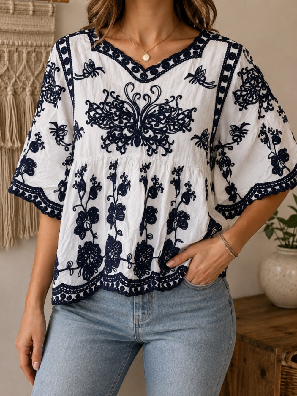 Embroidered White Peasant Blouse with Navy Motif